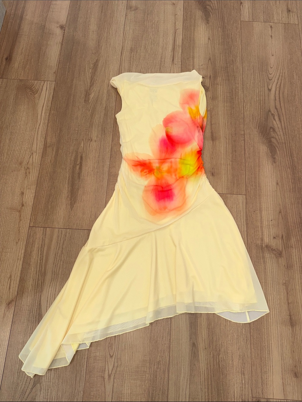 Yellow Floral-Appliqué Asymmetric Dress